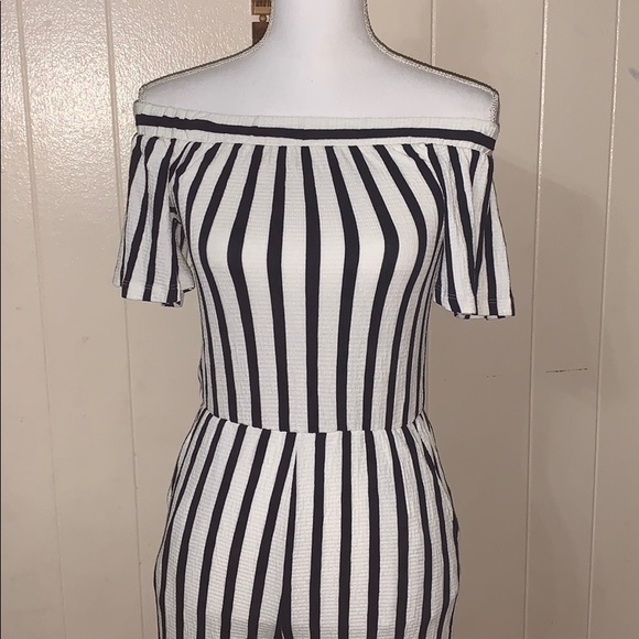 Navy & White Striped Off Shoulder Jumpsuit S M L - Picture 6 of 8